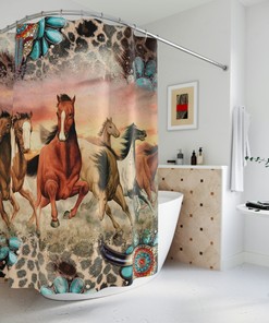 Boho Horse Shower Curtain with Wild Horses Print and Farmhouse Bathroom Decor Theme