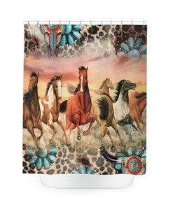 Boho Horse Shower Curtain with Wild Horses Print and Farmhouse Bathroom Decor Theme