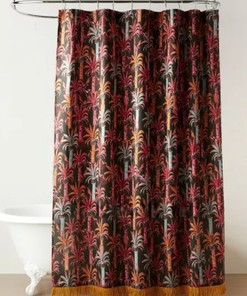Boho Pineapple Palm Black Shower Curtain with Jungalow Fringe Trim and Opalhouse Design for Bathroom Decoration 