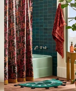 Boho Pineapple Palm Black Shower Curtain with Jungalow Fringe Trim and Opalhouse Design for Bathroom Decoration