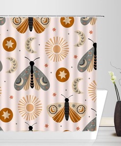 Boho Shower Curtain with Sun, Moon and Leaves Print - Mystical Orange and Gray Fabric for Modern Bathroom Decor
