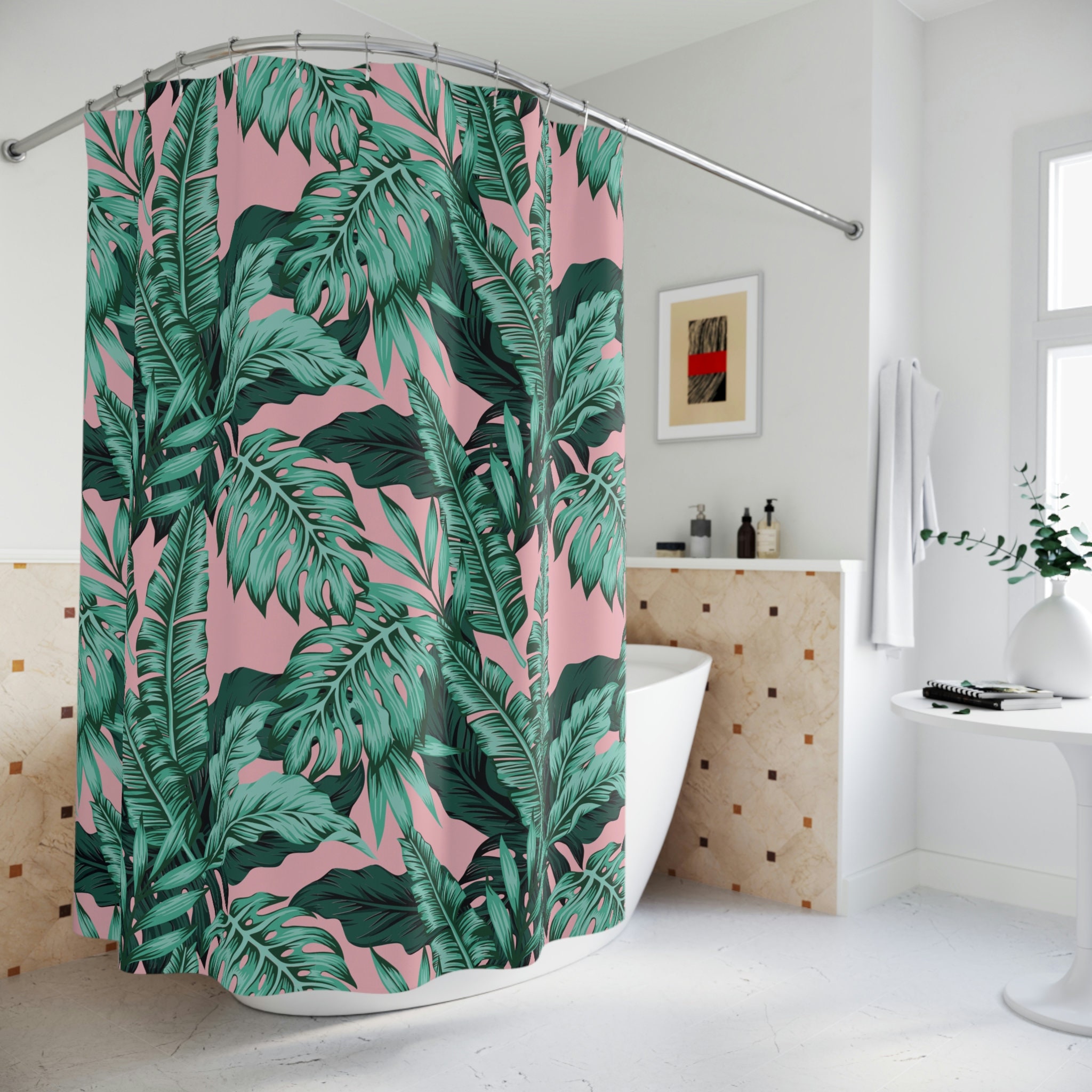 Boho-Inspired Tropical Leaves Pattern Shower Curtain for Bathroom Decor - Bathroom Decor