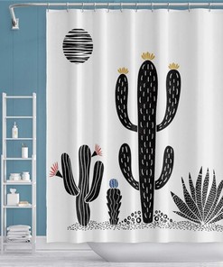 Botanical Black and White Cactus Succulents Aloe Shower Curtain with Sunflowers for Desert Bathroom Decor 