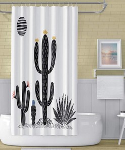 Botanical Black and White Cactus Succulents Aloe Shower Curtain with Sunflowers for Desert Bathroom Decor