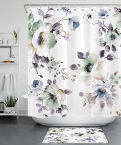 Botanical Leaf Floral Shower Curtain - Watercolor Purple Bathroom Decor - Home and Housewarming Gift
