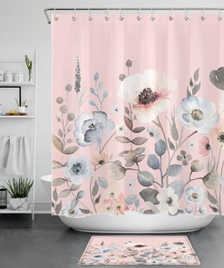 Botanical Leaf Pink Shower Curtain - Watercolor Floral Bathroom Decor - Home and Housewarming Gift