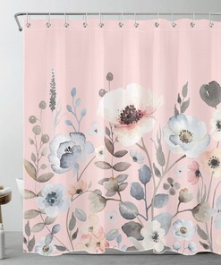 Botanical Leaf Pink Shower Curtain - Watercolor Floral Bathroom Decor - Home and Housewarming Gift
