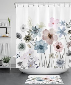 Botanical Leaf Wildflower Shower Curtain - Watercolor Bathroom Decor - Home and Housewarming Gift