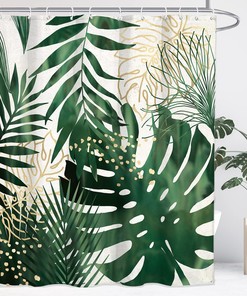 Botanical Monstera Abstract Tropical Palm Leaves Shower Curtain with Gold Detailing for Bohemian Bathroom Decor 