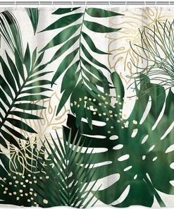Botanical Monstera Abstract Tropical Palm Leaves Shower Curtain with Gold Detailing for Bohemian Bathroom Decor