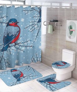Bullfinch Bird Christmas Frost and Snow Shower Curtain for Bathroom Decor, Waterproof for Winter