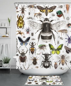 Butterflies and Insects Watercolor Shower Curtain, Fabric Bathroom Curtain for Nature-inspired Home Decor