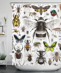 Butterflies and Insects Watercolor Shower Curtain, Fabric Bathroom Curtain for Nature-inspired Home Decor