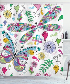 Butterfly Dragonfly Shower Curtain with Paisley Print for Bathroom Decor