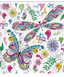 Butterfly Dragonfly Shower Curtain with Paisley Print for Bathroom Decor