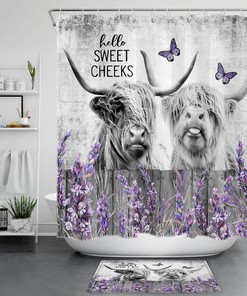 Butterfly Lavender Highland Cow Shower Curtain for Bathroom Decor 