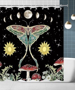 Butterfly Mushroom Shower Curtain for Vintage Bathroom Decor