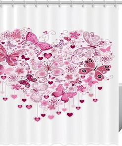 Butterfly White Shower Curtain with Pink Heart on Valentines Day for Home Decor