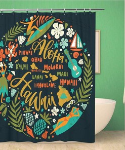 Captivating Hawaii Islands Map and Tourist Attractions Symbols Ukulele Hula Shower Curtain for Home Decor