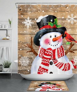 Cardinal Snowflake Rustic Farmhouse Planks Snowman Bathroom Curtain