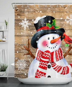 Cardinal Snowflake Rustic Farmhouse Planks Snowman Bathroom Curtain