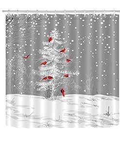 Cardinals Bird Winter Shower Curtain with Snowy Holiday Decor for Bathroom