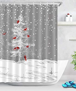 Cardinals Bird Winter Shower Curtain with Snowy Holiday Scene for Bathroom