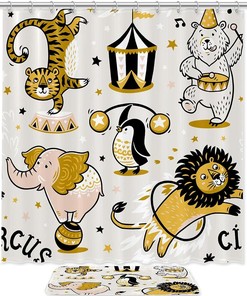 Cartoon Circus Animal Shower Curtain: Lion, Tiger and Penguin by Woodyotime