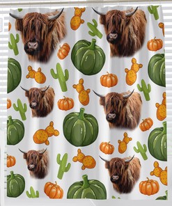 Cartoon Farm Highland Cattle Shower Curtain, Funny Cattle Bull Cow Floral on Bathroom Curtain for Bathroom Decor