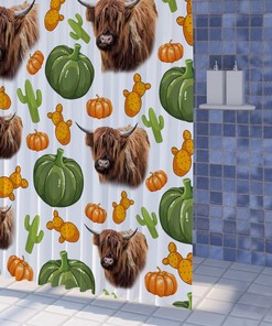 Cartoon Farm Highland Cattle Shower Curtain, Funny Cattle Bull Cow Floral on Bathroom Curtain for Bathroom Decor