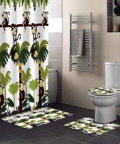 Cartoon Monkey Shower Curtain with Banana Trees for Fun Bathroom Decor