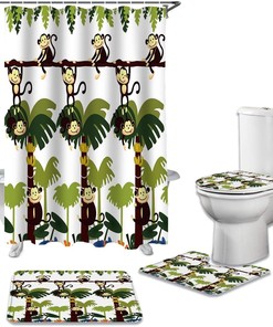 Cartoon Monkey Shower Curtain with Banana Trees for Fun Bathroom Decor