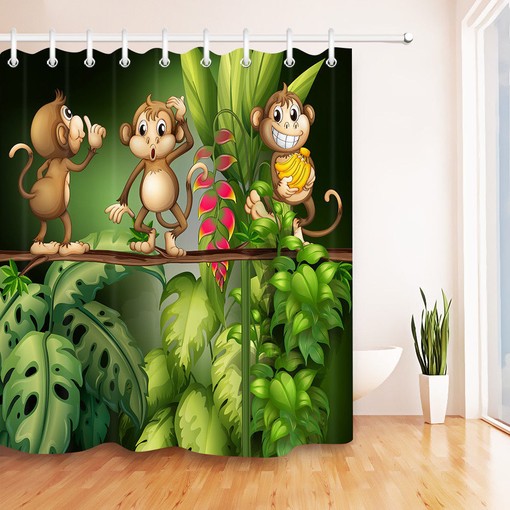 Cartoon Monkey in the Jungle Waterfall Shower Curtain for a Kid-Friendly Bath