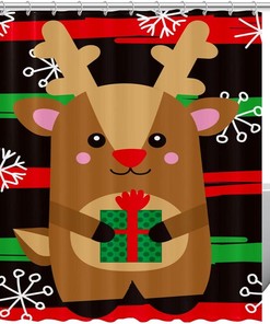 Cartoon Reindeer and Snowflake Shower Curtain for Cute Christmas Bathroom Decor