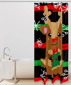 Cartoon Reindeer and Snowflake Shower Curtain for Cute Christmas Bathroom Decor