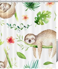 Cartoon Sloth Tree Shower Curtain with Tropical Theme for Home Decor