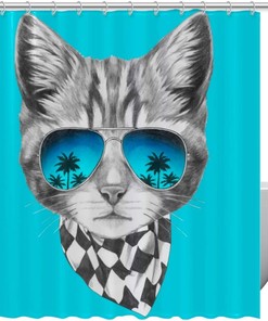 Cat with Sunglasses and Palm Trees Shower Curtain for Modern Bathroom Decor