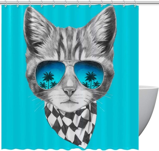 Cat with Sunglasses and Palm Trees Shower Curtain for Modern Bathroom Decor