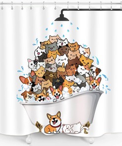 Cats and Dogs Shower Curtain - Funny Cartoon Corgi Cute Animal Pets in Bathtub Showering Print for Kids Bathroom Decor