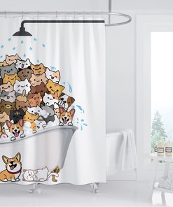 Cats and Dogs Shower Curtain - Funny Cartoon Corgi Cute Animal Pets in Bathtub Showering Print for Kids Bathroom Decor