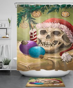Celebrate Festivals with Candle Santa Hat and Halloween Skull Waterproof Fabric Shower Curtain