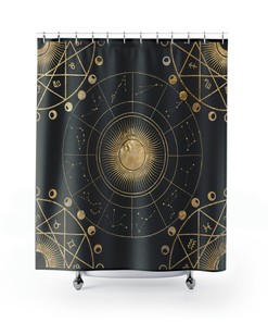 Celestial Moon Phase Shower Curtain with Zodiac Constellation Print - Dark Astronomy Fabric for Universe Bathroom Decor