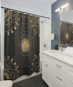 Celestial Moon Phase Shower Curtain with Zodiac Constellation Print - Dark Astronomy Fabric for Universe Bathroom Decor