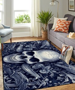 Chic Black and White Tattoo Skull and Bat Pattern Area Rug