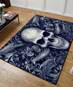 Chic Black and White Tattoo Skull and Bat Pattern Area Rug