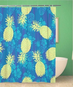 Chic Ikat Hibiscus and Pineapples Hawaiian Pattern Aloha Flower Fruit Shower Curtain for Home Decor