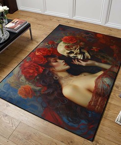 Chicano-Inspired Art Print of Skull, Rose and Woman Area Rug