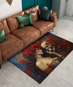 Chicano-Inspired Art Print of Skull, Rose and Woman Area Rug