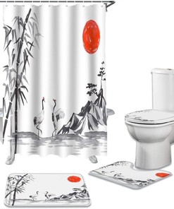 Chinese Style Crane and Bamboo Shower Curtain for Bathroom Decor