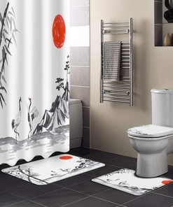 Chinese Style Crane and Bamboo Shower Curtain for Bathroom Decor